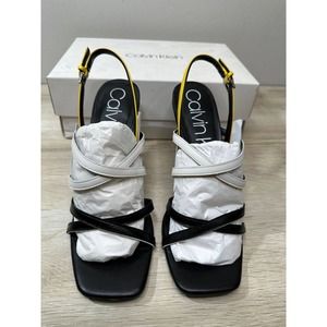 NWB Calvin Klein Womens Black 10M Miu Strappy Sandals Black White Yellow
